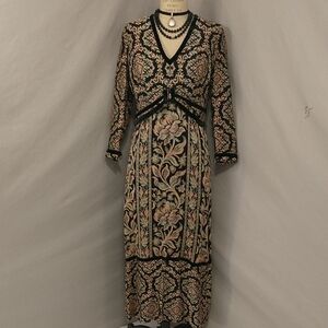 Woven Tapestry Dress Vintage OOAK Black Velvet Trim See Measure Long Sleeve Maxi